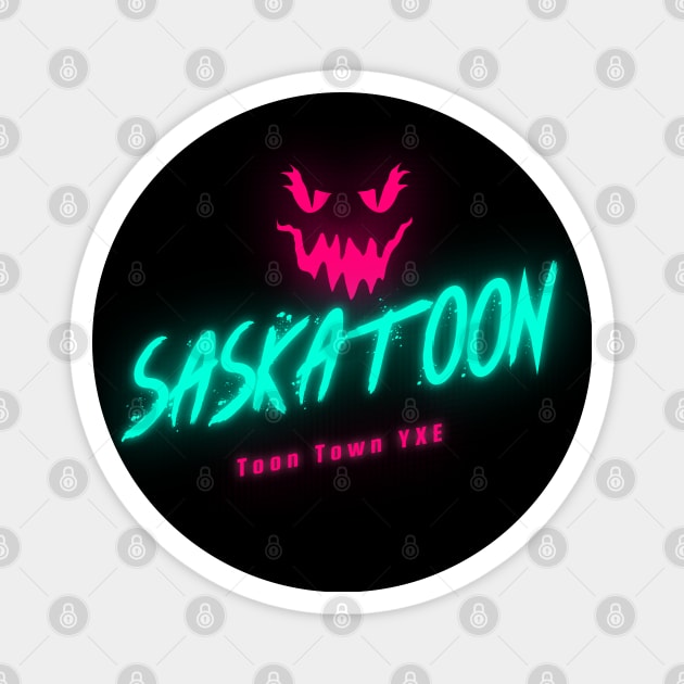 Neon Pink Glow Jack O'Lantern Saskatoon in Anaglyph Style Magnet by Stooned in Stoon